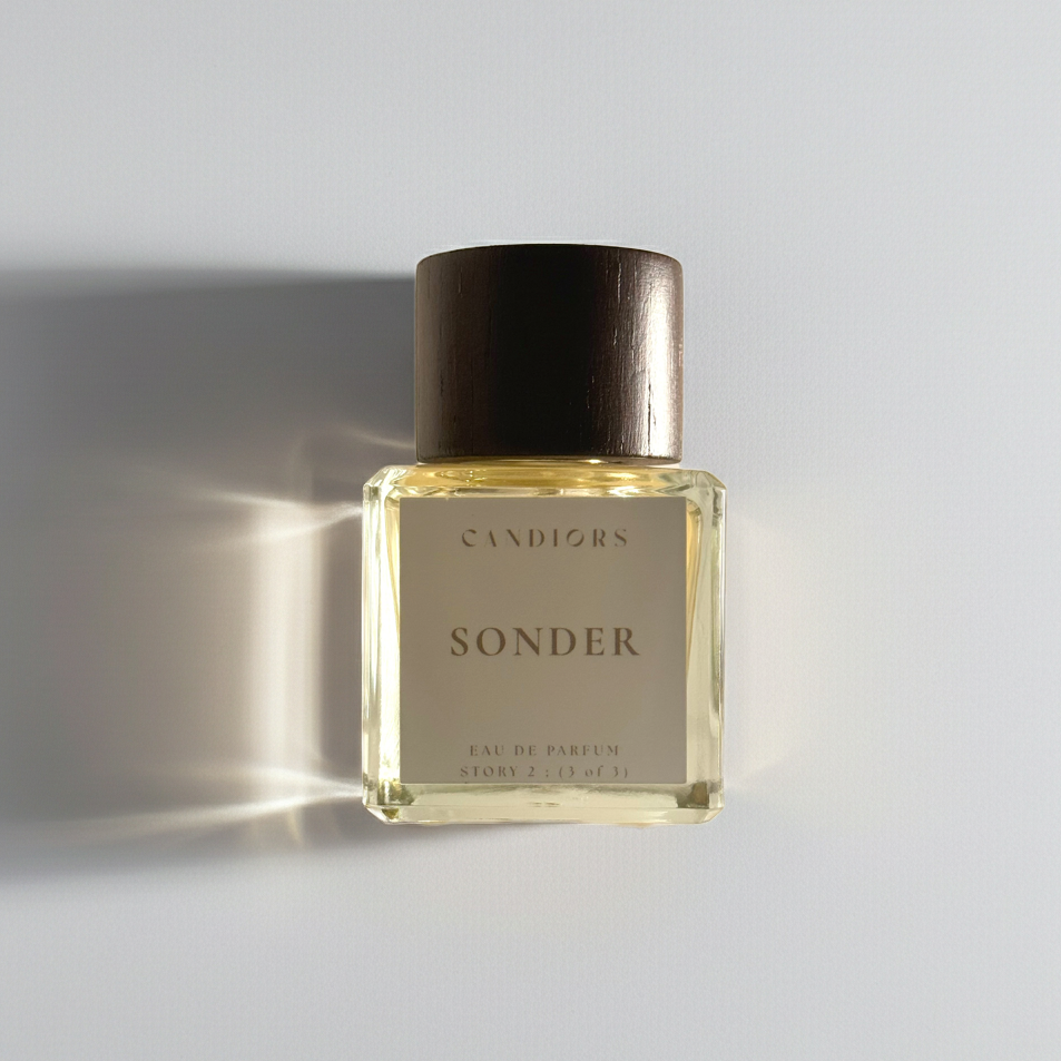 Perfume bottle labeled 'Sonder' by 'Candiors' on a light gray background