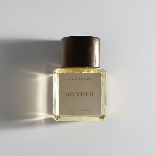 Perfume bottle labeled 'Sonder' by 'Candiors' on a light gray background
